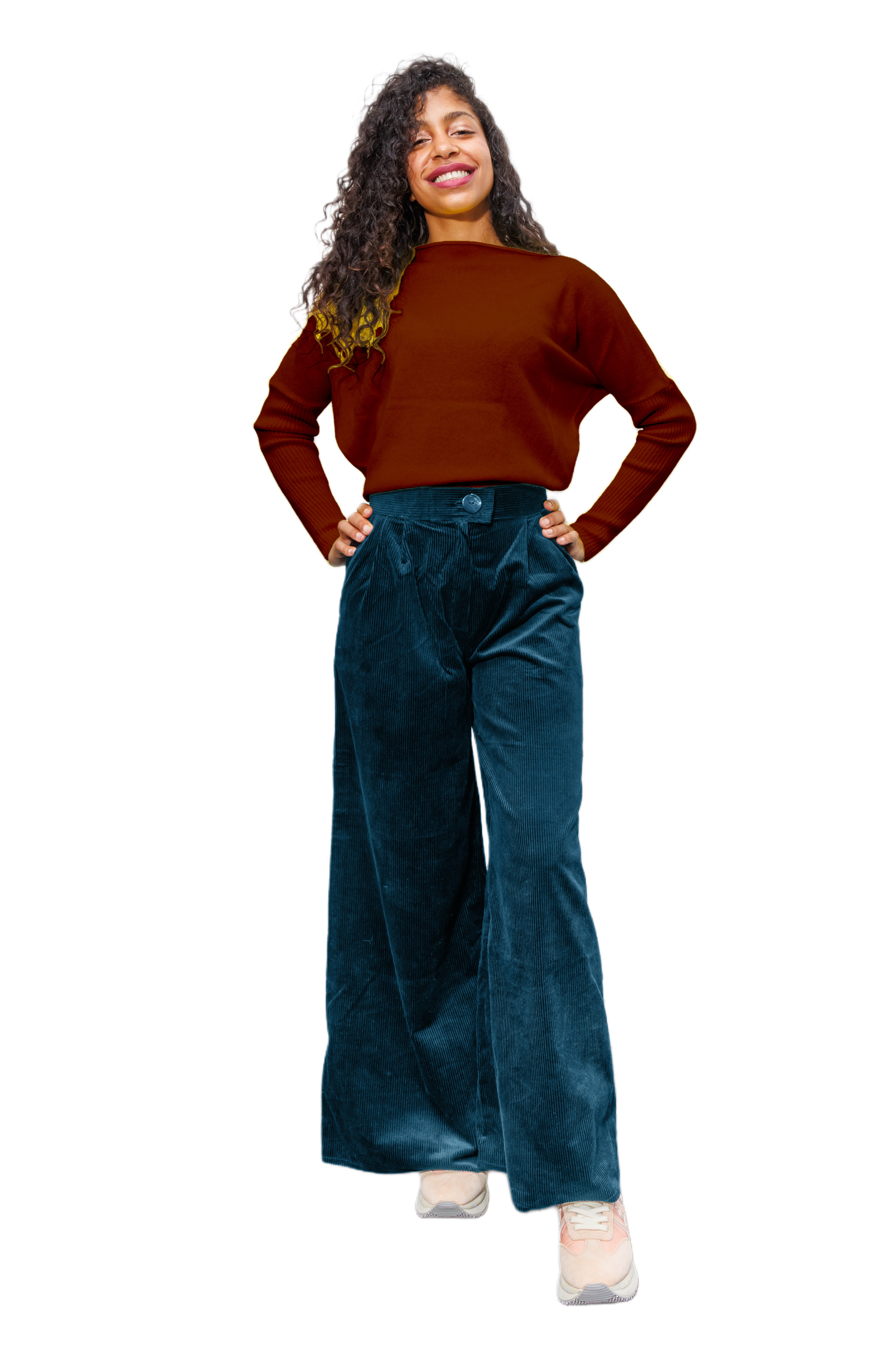 High-waisted Corduroy Palazzo Trousers - #006d8f