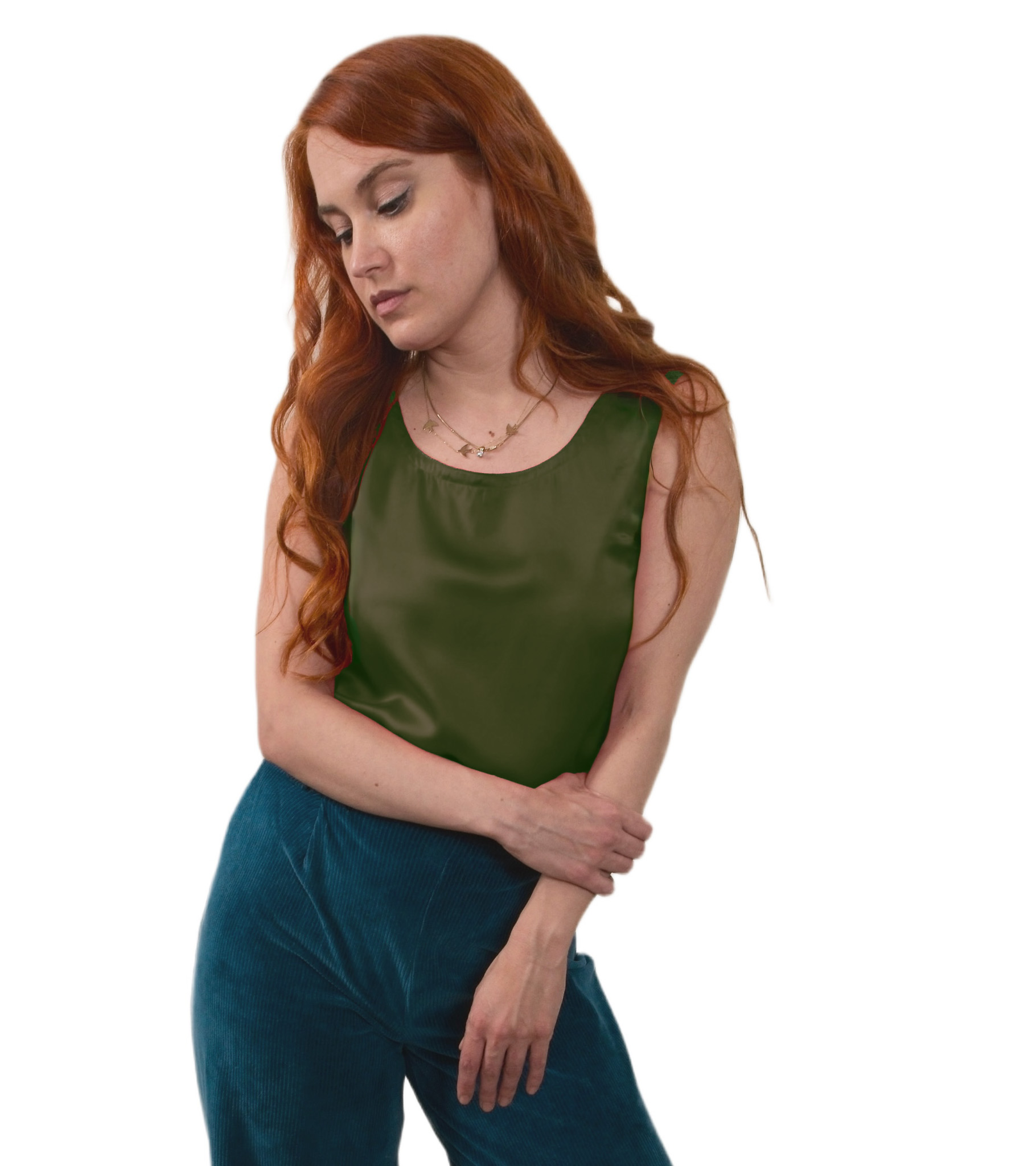 Silk Sleeveless Top - #4f7a28