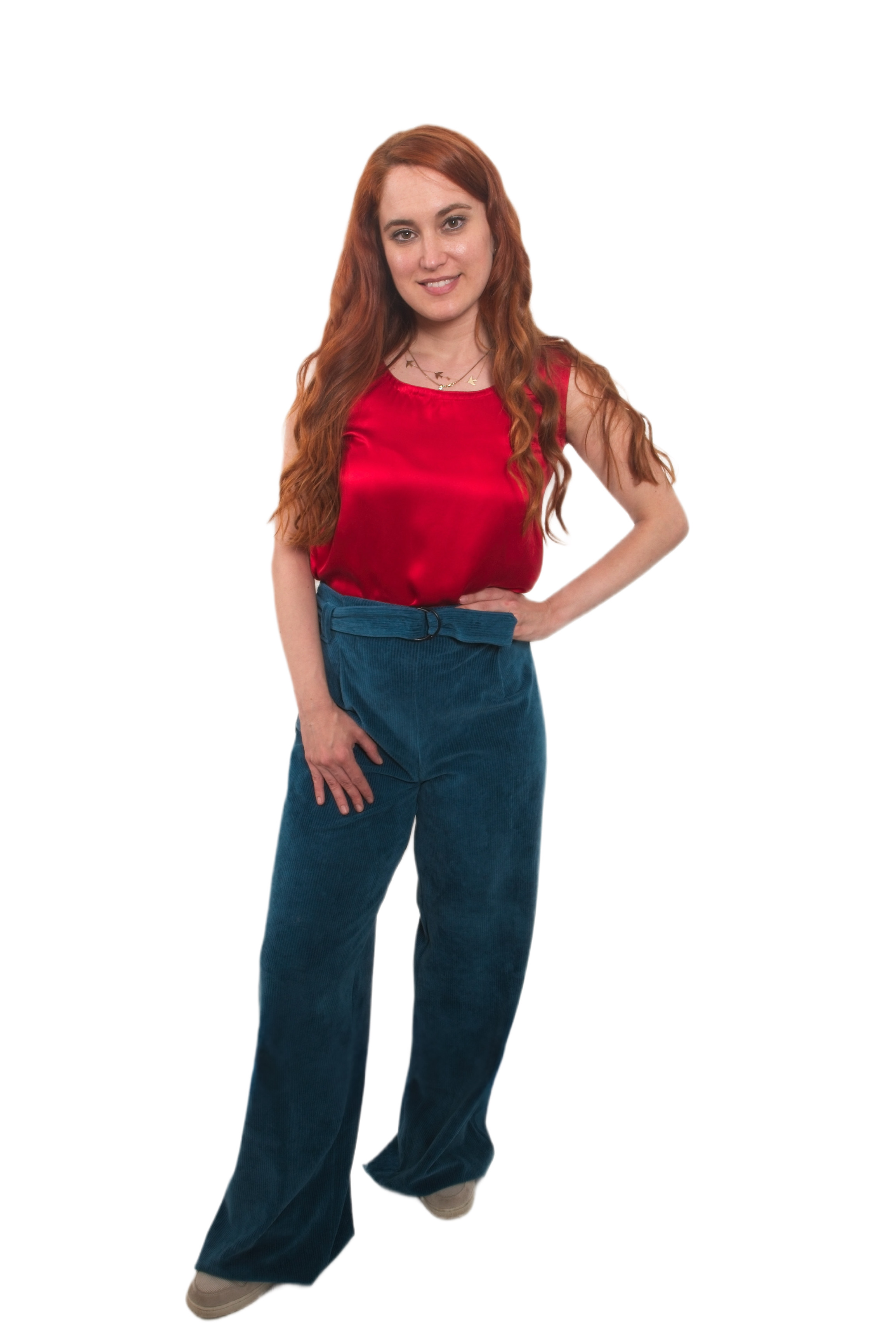 Wide-Leg Straight Corduroy Trousers with Belt - #006d8f