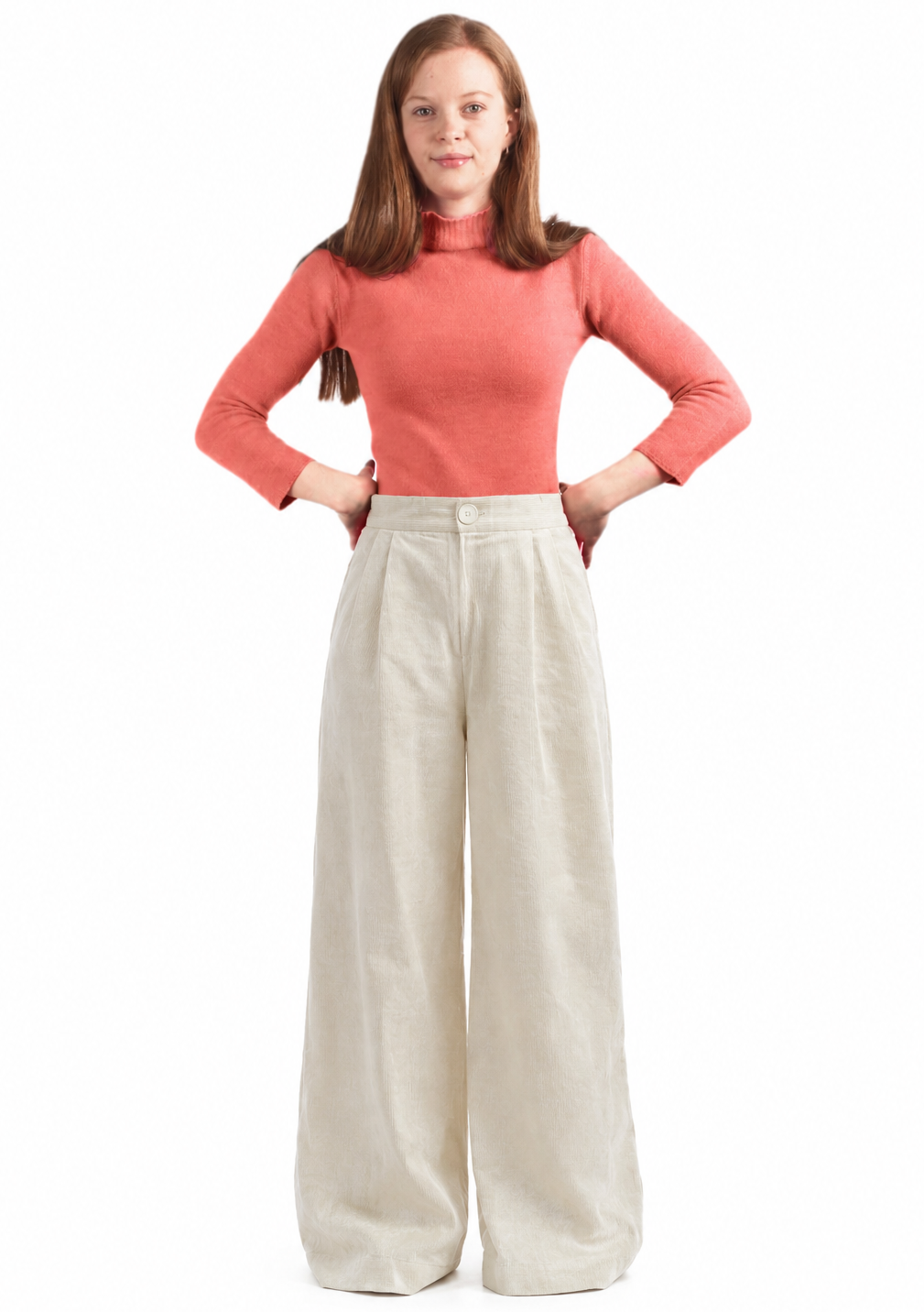 High-waisted Corduroy Palazzo Trousers - #f8f7ea